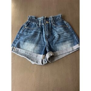 KanCan Women's High Rise Paperbag Waist Denim Shorts Medium Wash Blue Size S